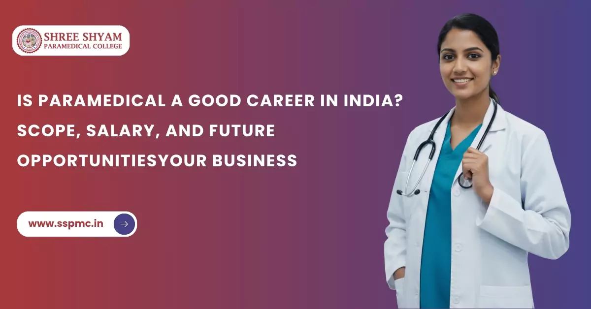 Female paramedical professional in white coat with stethoscope, representing career in India